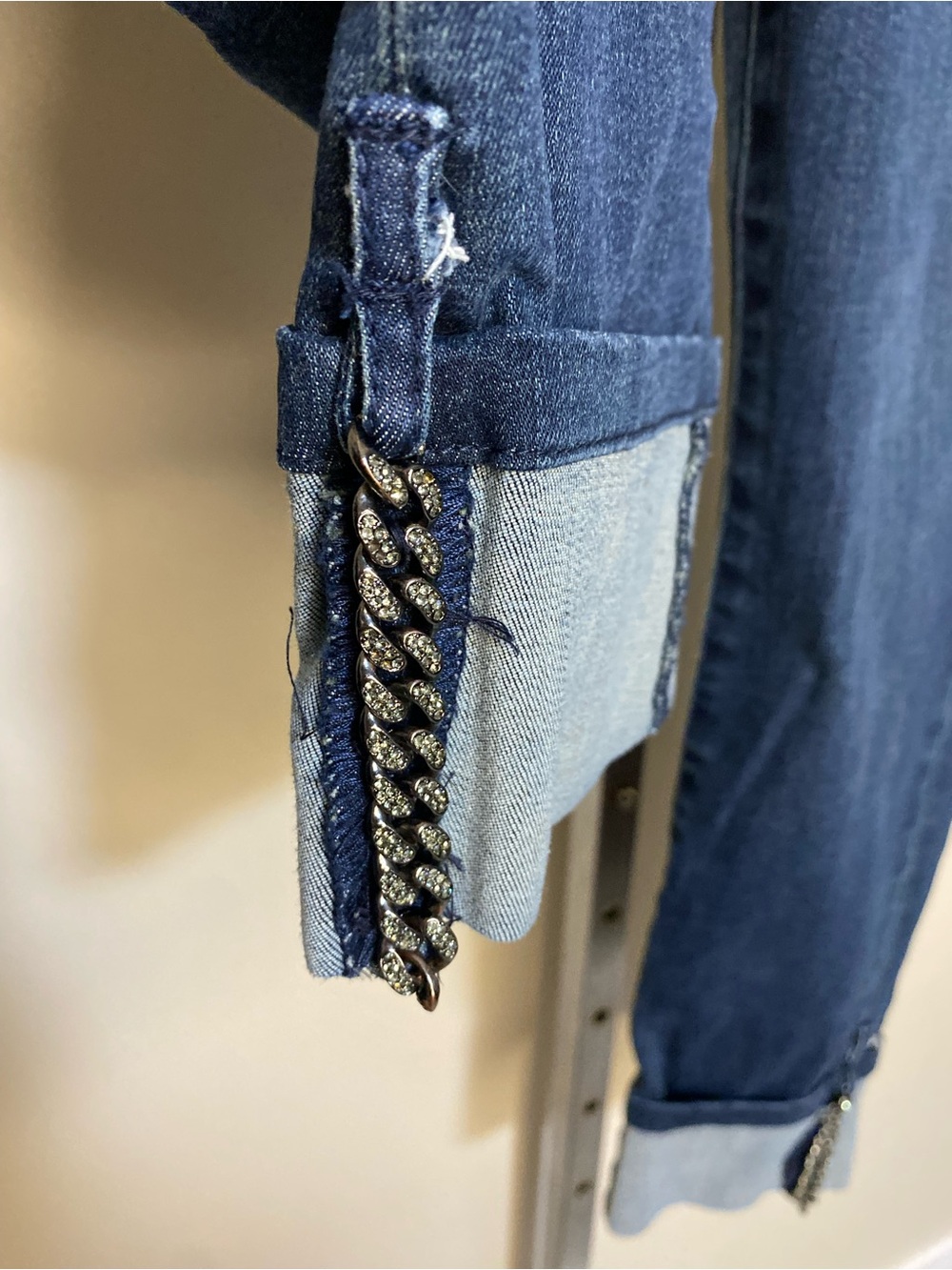 Joseph Ribkoff Dark Blue Straight Leg Jeans with Rhinestone Chain Cuff - Picture 6 of 7